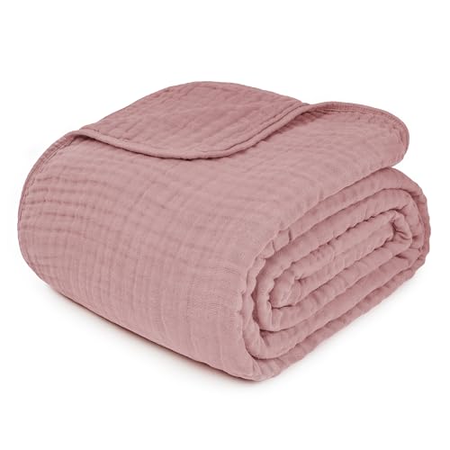 Image of Comfy Cubs Muslin Throw Blanket - 50 inch x 60 inch Quilted Design - Lightweight, Breathable 6-Layer Gauze Fabric - Soft Cotton Blanket for Home or Travel - Packaged in Elegant Gift Box - Mauve