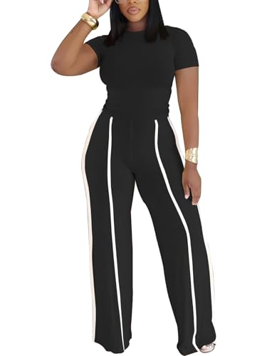 Ulovmi Women's Two Piece Outfit Slim Fit Top Wide Leg Pants Striped Tracksuit Loungewear Casual Outfit Set-Black-XL