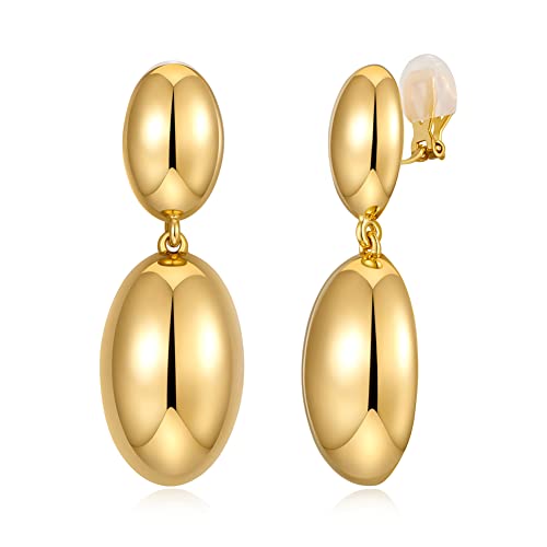 Classyzint Shiny Gold Clip On Earring For Women 2Pcs Oval Brass Dome Drop Earrings Geometric Statement Dangle Earrings #TOP28