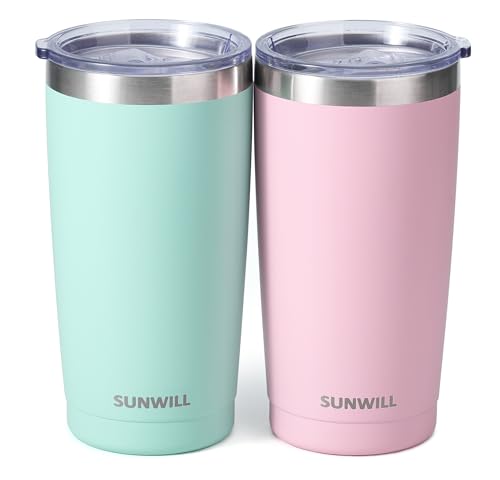 SUNWILL Travel Coffee Mug with Lid, 20 oz Tumbler Set of 2, Insulated Stainless Steel Cup for Water, Tea, Powder Coated Sakura & Mint