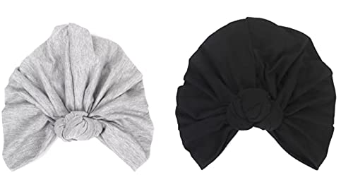 Women Turban Pre Tied Top Knot Flower Decor Head wrap Hair Accessories (Grey & Black)