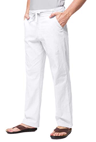 Janmid Men Casual Beach Trousers Linen Summer Pants White M #TOP2