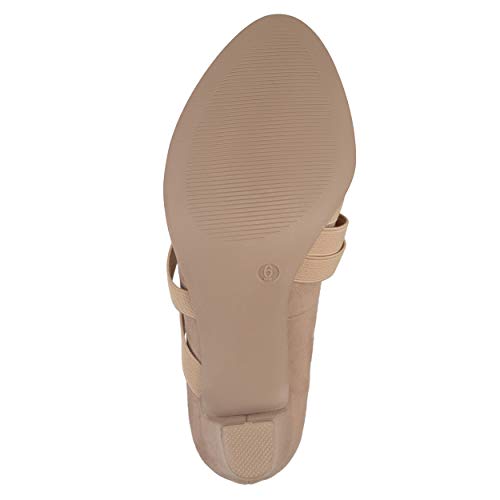 Brinley Co. Womens Levin Faux Suede Comfort Sole Chunky Heel Almond Toe Triple Elastic Strap Heels Taupe, 8 Regular US4