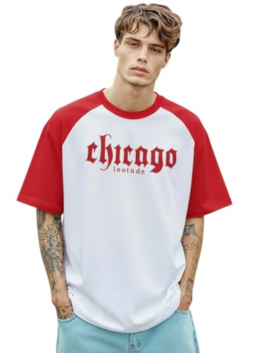 Image of LEOTUDE Men's Half Sleeve Cottonblend Printed Colourblocked Round Neck Drop Shoulder Oversized Tshirt for Man (Color Red)