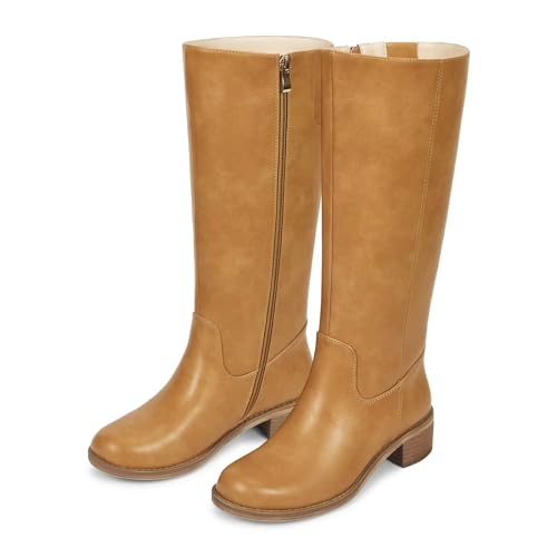 ISNOM Knee High Boots for Women Square Toe Chunky Block Riding Tall Boots with Side Zipper and Low Heel2