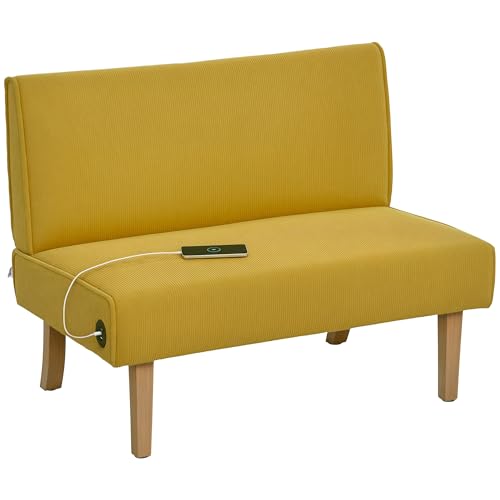 HOMCOM Sofá de 2 Plazas con 2 Puertos USB Tapizado en Pana Sofá de Salón sin Brazos con 1 Puerto Tipo-C Asiento de 20 cm y Patas de Madera Sofá Pequeño Carga 220 kg 110x60x85 cm Amarillo
