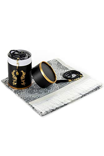 Muslimische Gebetsteppich und Gebetskette mit elegantem Zylinder Geschenkbox | Janamaz | Sajjadah | Weiche Gebetsteppich | Islamische Geschenke Set | Gebet Teppich Matte, Taft Stoff, Schwarzer Cover