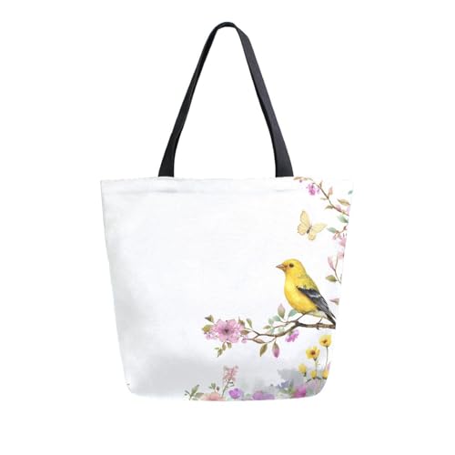 Extra Large Shoulder Tote Bag for Beach Travel Weekender Gym Watercolor Purple Pink Flowers Yellow Bird Reusable Grocery Canvas Shopping Bag
