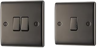 BG Electrical NBN42 10 A 2-Way Nexus Metal Double Light Switch, Black Nickel + NBN12 10 A Electrical 1-Gang 2-Way Metal Nickle Light Switch, Black
