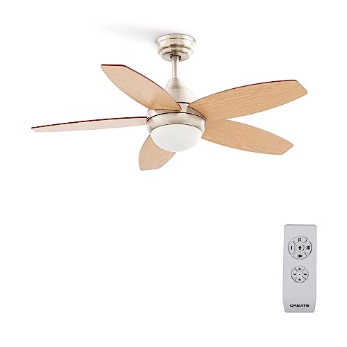 CREATE / WINDFLOWOOD/Ventilador de techo con luz níquel aspas madera natural con mando / 60W, Aspas reversibles, Ø107cm, 3 velocidades, 3 temperaturas de luz, 60W