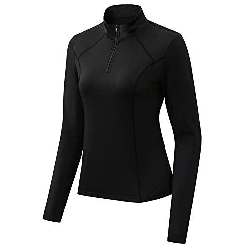 Sillictor 1/4 Zip Running Top Women Thermal Ski Base Layer Breathable High-wicking Soft, 21-black, XXL