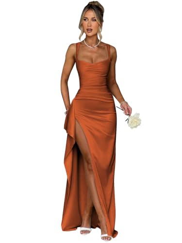 YMeiPaodw Ruched Satin Long Mermaid Prom Derss with Slit Square Neck Burnt Orange Bridesmaid Dress Corset Formal Cocktail Ball Gown Size 4