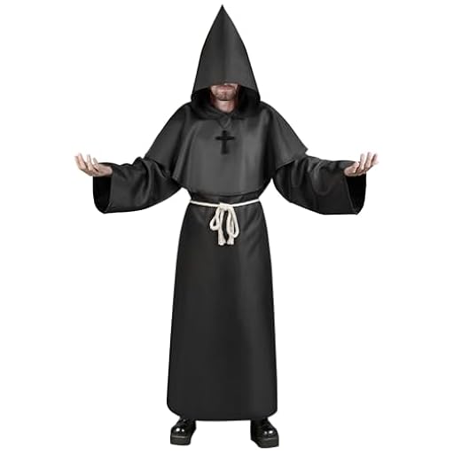 Aomig Disfraz de Monje Halloween, Disfraz de Sacerdote Medieval con Cruz y Capucha, Disfraz de Monje Sacerdote Medieval Renacimiento Traje, Disfraz Halloween Adulto para Fiestas Carnaval, Negro-XL | Ya disponible en tu tienda friki favorita! En mundofriki.es!