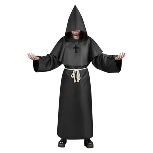 Aomig Disfraz de Monje Halloween, Disfraz de Sacerdote Medieval con Cruz y Capucha, Disfraz de Monje Sacerdote Medieval Renacimiento Traje, Disfraz Halloween Adulto para Fiestas Carnaval, Negro-2XL