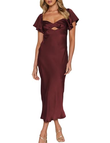 Image of Summer Satin Flutter Sleeve Wedding Guest Dresses for Women Sweetheart Neckline Cutout Tie Back Midi Cocktail Dress
