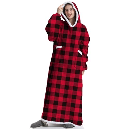 Boikey Oversized Hoodie Velvet Blanket Jumper Sweatshirt,Extra Long Hooded Blanket with Sleeves Hoodie Wearable,Throw with Pockets One Size for Adult Women and Men (Christmas red)