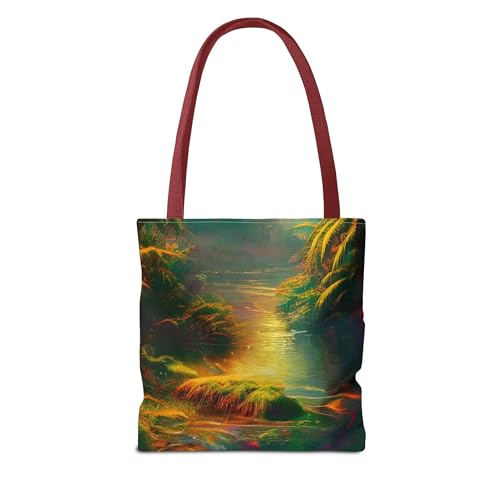 JujuVibe “Psychedelic River” Tote Bag – All-Over Tropical Stream Print, Spun Polyester Shoulder Bag, 13"×13", Color Handles2