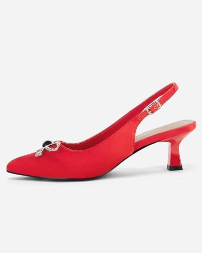 Coutgo Womens Kitten Heels Satin Pumps Slingback Pointed Toe Rhinestone Bow Wedding Dress Shoes, Red, Size 11 Review | Image 3