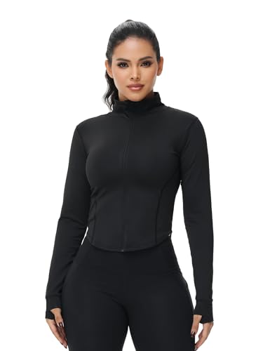 Image of Dalavch 2 Pack Womens Cropped Full Zip up Workout Jacket with Thumb Holes