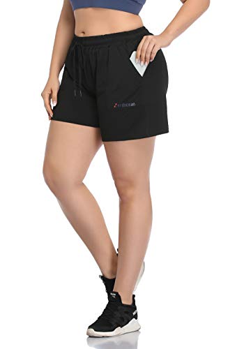 ZERDOCEAN Women's Plus Size Fitness Running Sports Shorts Gym Athletic Shorts Drawstring Waist with Side Pockets Black 3X