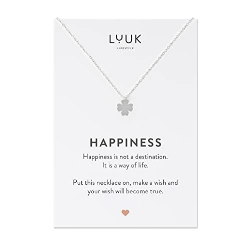 LUUK LIFESTYLE Clover necklace for women shamrock pendant stainless steel and HAPPINESS gift card stylish and trendy jewelry sign of happiness new beginning silver