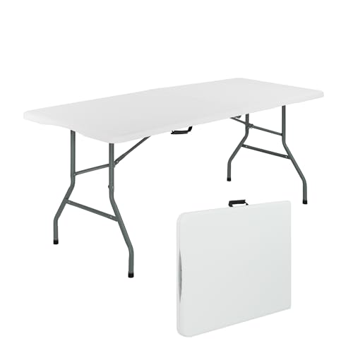 BRINDEK Mesa Plegable portátil de 180x70x74 cm | Mesa de Camping con Estructura metálica y Tablero HDPE Resistente | Capacidad 6/8 Personas, Carga 150 kg | Plegable con asa de Transporte