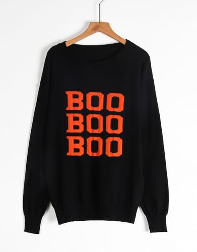 Image of Women's Lightweight Thin Knit Sweater Long Sleeve Crew Neck Boo Pattern Halloween Pullover (Black 76,Large)