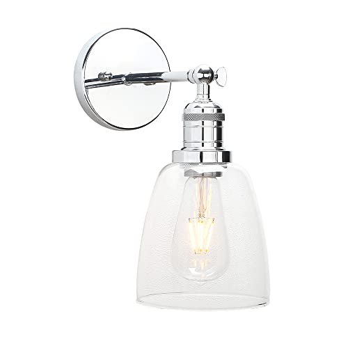 Image of Phansthy Industrial Retro Style Wall Lights Bell Shaped Clear Glass Shade Vintage Wall Sconces E27 Bulbs Indoor Light Loft Bar Kitchen Lamp Bedroom Vanity Mirror Lighting (Chromed)