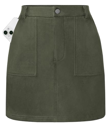 Kate Kasin Women Mini Skirt, Army Green High Waist Suede Skirts, Fall Winter Pencil Skirt with Pockets L