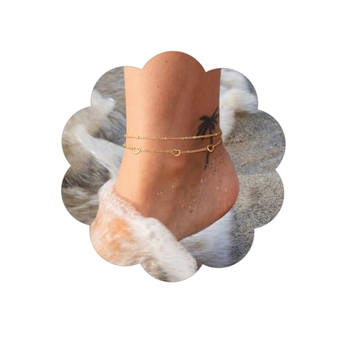 Image of FindChic Black /Silver /Gold Plated Anklets Set of 2PCS /3PCS Herringbone Chain Cuban Link Heart Charm Sparkling Tennis Ankle Bracelets, Waterproof Summer Foot Jewelry for Beach