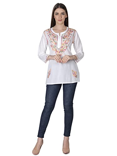 Image of Seva Chikan Hand Embroidered Lucknowi Chikankari Cotton Short Kurti Tunic Top for Women SCL4076
