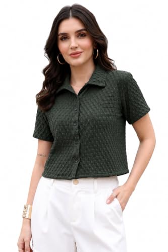 Image of Zilcon Women's Textured Polo Collar Shirt | Short Sleeve Button-Down Casual Crop Top | Soft Stretch Everyday Fashion Shirt