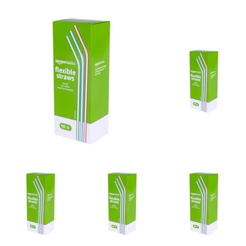 Image of Amazon Basics Disposable Striped Plastic Flex Straws, 7.5 inch Long, Assorted Colors, 100 Count, Large Pack (Pack of 5)