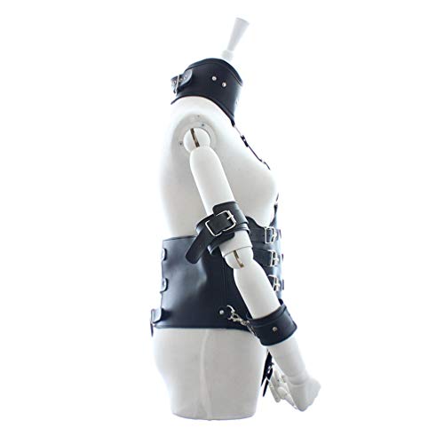 Hanyi Kunstleder Damen Body Harness mit Leder Handschellen Einstellbar Fetisch Offene Korsett Brust Körperharness SM Bondageset (Schwarz)
