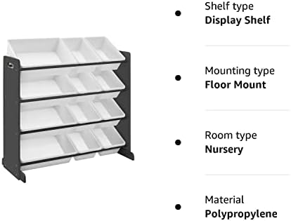 SONGMICS Children's Toy Storage Unit, Kids Toy Organiser, Playroom Display Stand Unit with 12 Removable PP Container Boxes, Dark Grey and White, 86 x 26.5 x 78 cm GKR04GY