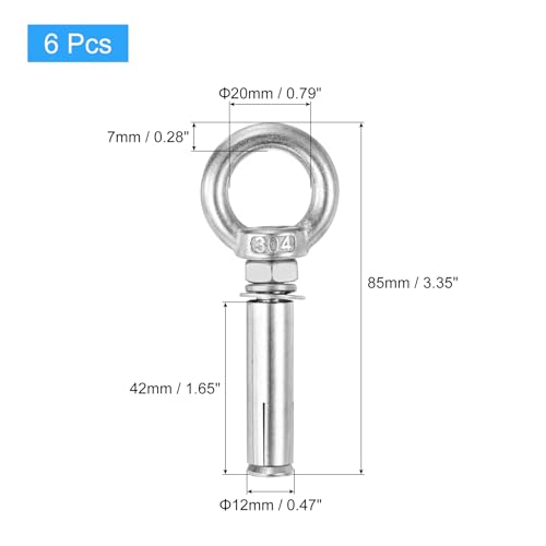 Image of uxcell Ring Lifting Expansion Eyebolt, 6pcs M8x60mm 304 Stainless Steel Expansion Screw with Eye Ring for Concrete Brick Wall