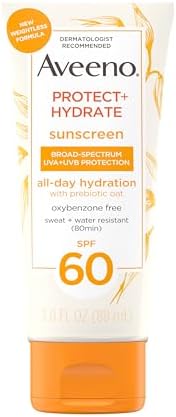 Aveeno Protect + Hydrate Moisturizing Body Sunscreen Lotion, SPF60 Broad Spectrum & Prebiotic Oat, Oil-, Oxybenzone- & Paraben-Free, Water & Sweat Resistant (80-min), Non-Greasy, Travel Size 3.0 Fl Oz