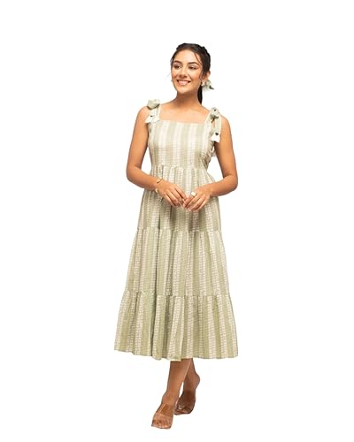 Image of FIORRA Women's Fit And Flare Knee Length Cotton Block Printed Western Knee-Length Dress