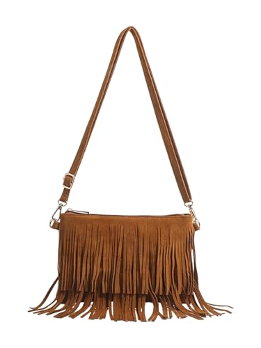 OYOANGLE Women's Boho Suede Fringe Trim Crossbody Bags Tassel Hippie Western Cowgirl Bag