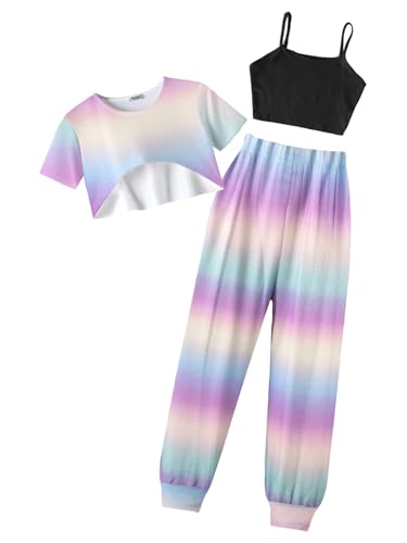 Arshiner Kids Fashion Outfits Tie-Dye 3 Piece Set Short Sleeve High Low Hem Top & Cami and Sweatpants for Girls 6-13 Years