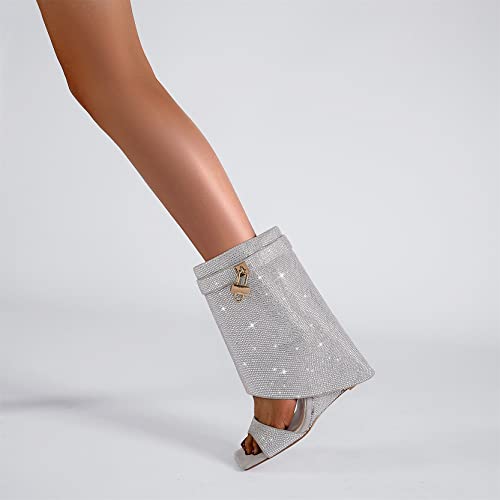 Kozdyko Women's Rhinestone Fold Over Summer Boots Padlock Wedge Heeled Open Toe Sandals Mid Calf Knee High Boots(Silver,Us Size 9) #TOP1