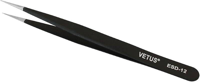 Pinzas negras SMD antiestáticas Vetus, punta puntiaguda de acero inoxidable no magnética ESD-12