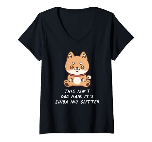 Womens This Isn't Dog Hair It's Shiba Inu Glitter Kawaii Japanese V-Neck T-Shirt, Black