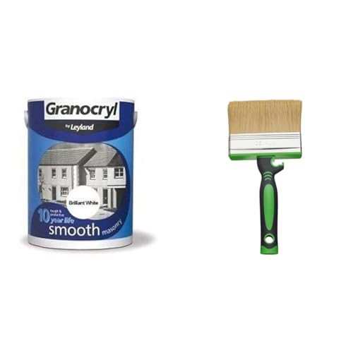 Leyland 303139 Granocryl Smooth Masonry Paint, Brilliant White, 2.5 Litre & Fit For The Job 4 inch Large Capacity Shed And Fence Block Brush for Rapid Painting of Sheds & Fence