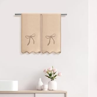 2 Pcs Brown Scalloped Hand Towels for Bathroom 26 x 13 Embroidery Coquette Bow Hand Towels 100% Cotton Soft Absorbent Boho Bath Decor for Kitchen Bathroom