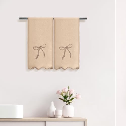 2 Pcs Brown Scalloped Hand Towels for Bathroom 26 x 13 Embroidery Coquette Bow Hand Towels 100% Cotton Soft Absorbent Boho Bath Decor for Kitchen Bathroom
