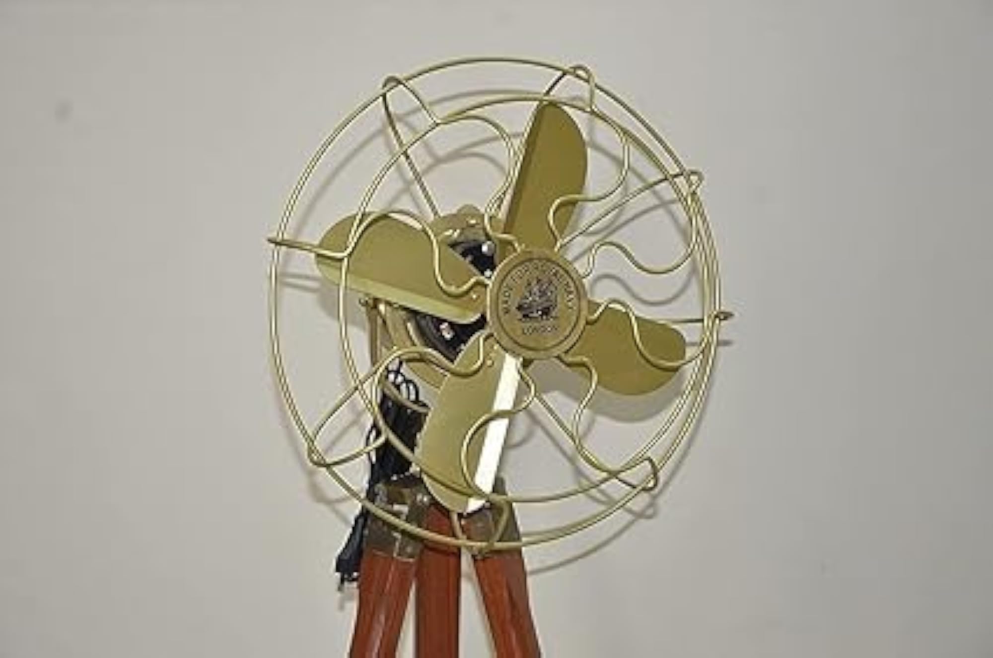 Brass Antique Electric Floor Fan with Adjustable Wooden Tripod Stand