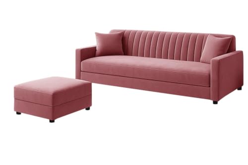 Image of Rosebell 3 Seater Sofa Set with Ottoman, Upholstered Sofa with Matching Footrest, Comfortable Seating for Living Room Bedroom Home Furniture - Rose Pink