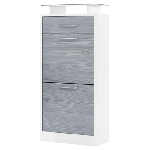 Vladon Zapatero Loret V2, Armario para Zapatos para 8 Pares de Zapatos con 2 Puertas abatibles, 1 Cajón y Estante de Cristal, Blanco Mate/Avola Antracita (46 x 104 x 23 cm)