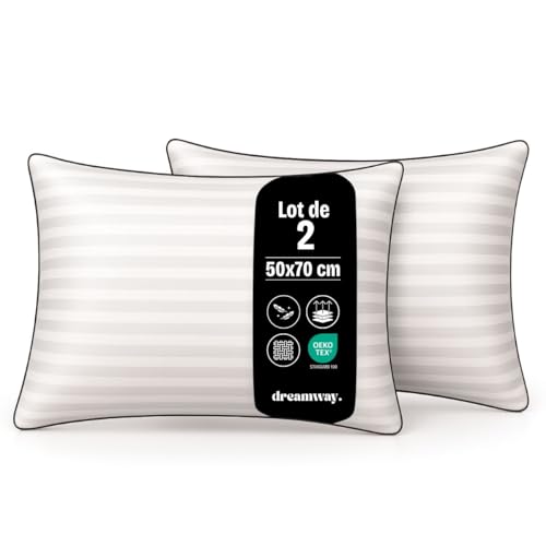 DREAMWAY Oreiller 50x70 cm Lot de 2 Oreillers Confort Moelleux, Qualité Hôtelière, Respirant et Hypoallergénique, Idéal pour Dormeurs sur Le Côté, Le Dos et Le Ventre